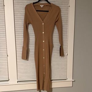 Reiss Ribbed Button-Front Midi Dress - Camel